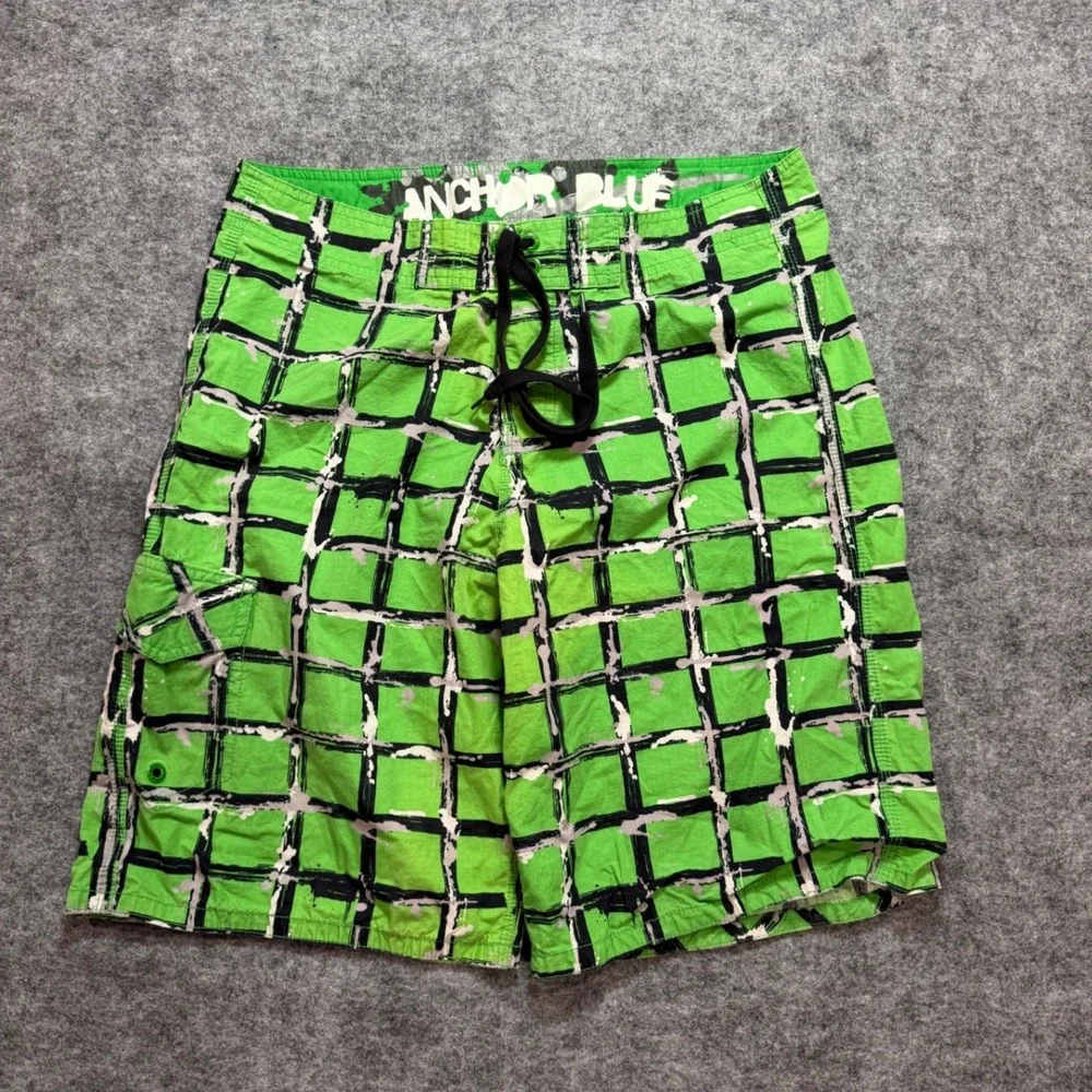 Vintage Y2K Anchor Blue Mens 34 Board Shorts Green Black Plaid Cargo Pocket